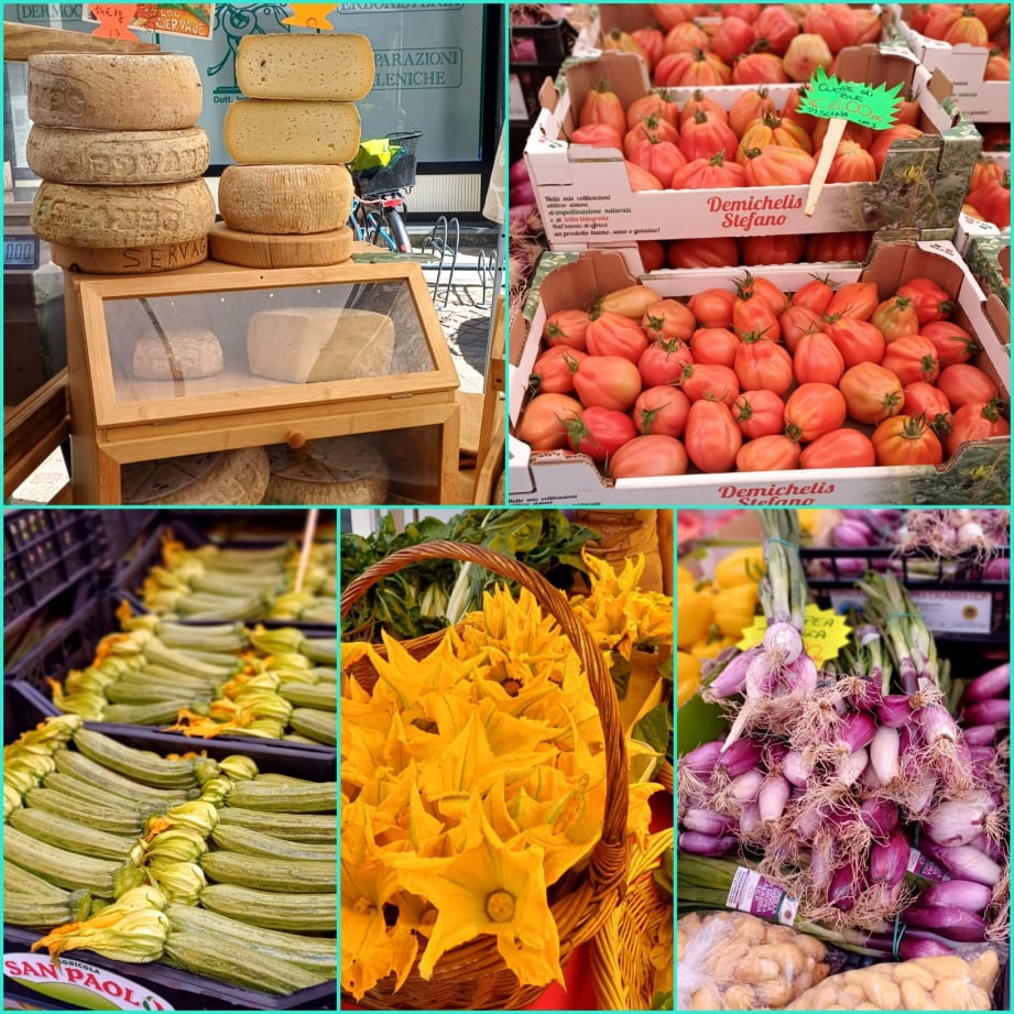 Collage mit verschiedenen Gemüse auf einem Markt in Italien